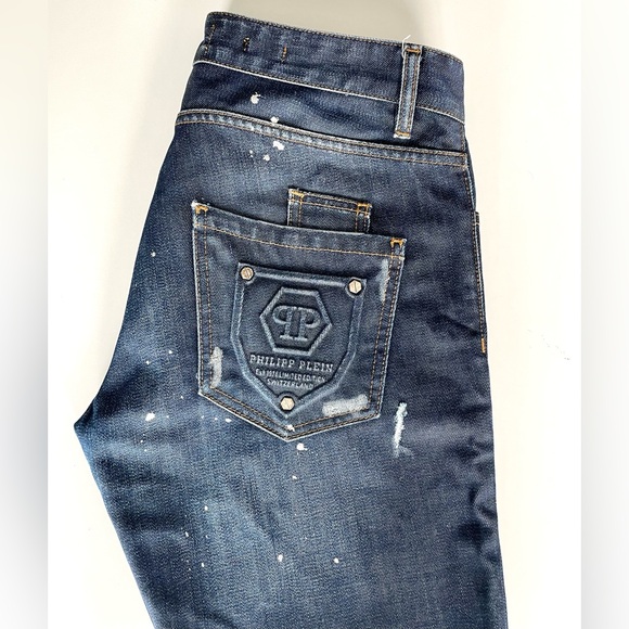 PHILIPP PLEIN- Straight Cut Jeans, Dark Blue, Distressed - Picture 1 of 5